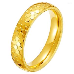 Küme halkaları gerçek saf 999 24K sarı altın bant erkek kadın şanslı oyma altıgen kafes yüzüğü 2.8g