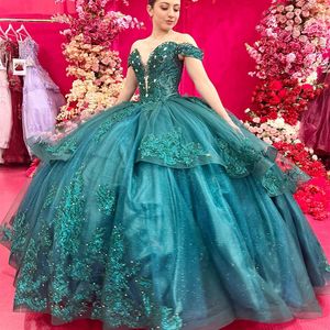 Schwarzgrünes glänzendes Ballkleid Quinceanera-Kleider Schatz-Pailletten-Abschlussballkleider mit applizierten Perlen, Sweep-Zug und Tüll, Sweet-15-Kleid