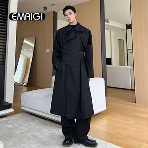 Herrgravrockar män kvinnor dubbelpracket japan korean streetwear mode lös svart vintage lång par mantel vindbrä jacka 230904
