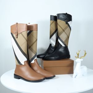 Top-Qualität Herbst Winter neue karierte Stiefel Damen Kniestiefel Marder kariertes Leder Chelsea Boot England-Stil dicke und flache Absätze