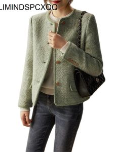 Womens Wool Blends Women Classic Green Woven Tweed Handcraft Short Faux Jacket Fall Slim Outwear Ladies Woolen Coat 230904