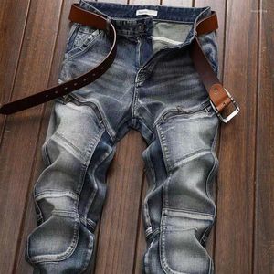 Men's Jeans Spring Autumn Wash Denim Korean Style Blue Designer Cowboy Cycling Motorcycle Splice Vintage Cargo Strech Pant Je284s