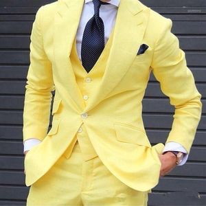 Mäns kostymer blazers mode mens gul kostym 3 stycke smal fit party tuxedos män bröllop groomsman grooms jacka byxor vest339p