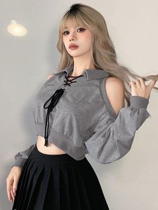 Women's Hoodies Sexy Cropped Women Y2K Sweatshirt Streetwear Off Shoulder Gothic Tops Autumn Korean Long Sleeve Harajuku Grey Pullovers