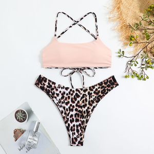 Designer novo split swimwear feminino sexy biquíni elástico splice leopardo listra aberta volta cinta cintura alta biquíni
