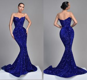 Dubai arabski królewski niebieski sukienki wieczorowe syreny plus długości dla kobiet spaghetti paski plis urodzinowa celebryta konkurs