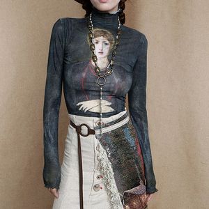 Women's T-Shirt Streetwear Mesh T-shirt Women Dark Goth Oil Painting Print Long Sleeve Bodycon Tee Tops Emo Alt Outfit Femme