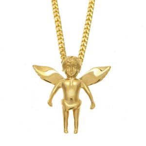 Mens Hip Hop Necklace Gold Stainless Steel Baby Angle Pendant Necklaces Cuban Link Chain Jewelry