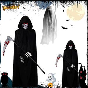 Inne imprezy imprezowe przerażające Halloween Ghost Reaper Costume z kapturem Cape Skull Mask Rękawiczki Scythe Set Dorosły Dzieci Horror Grim Reaper Halloween Dekoracja 230905