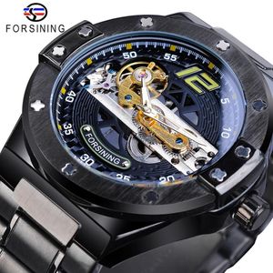 Forsining Classic Bridge Mechanical Watch Men Black Automatic Transparent Gear Full Steel Band Racing Male Sport Watches Relogio284F