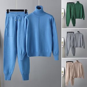 Kvinnors träningsdräkter Autumn Winter Turtleneck tröja Två stycke Set Women Sticked Pants Suits Female Fashion Casual Pullover Tracksuits 230904