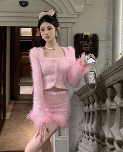 Women's autumn sweet tweed woolen pink fur cuff slim waist short jacket and mini skirt twinset 2 pc dress suit SML