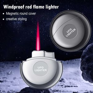 Creative Shape Space Small Flying Saucer Metal Lighter Red Flame Inflatable Windproof Magnetic Suction Round Cover Gift JQSM