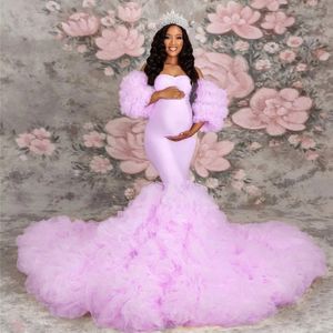 Extra Puffy Mermaid Maternity Robes for Photo Shoot Tiered Ruffles Pregnant Women Dress Sexy Detachable Sleeves Babyshower Gown