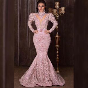 Elegante Rosa Cheia de Renda Sereia Vestidos de Noite Puff Mangas Compridas Alta Pescoço Árabe Dubai Formal Vestidos de Festa Mulheres Prom Vestido de Ocasião Especial
