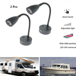 2st LED Läsning Ljus 12V 24V SMART Touch Dimble Flexible Goosenhals Wall Lamp för husbil Yacht Cabin med USB Charger Port226U