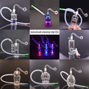 20styles Glass Oil Burner Bong Portable Thick Pyrex Smoking Water Pipes LED Light Matrix Perc Recycler Dab Rig Bong with 10mm Male Oil Burner Pipe Hose 2set