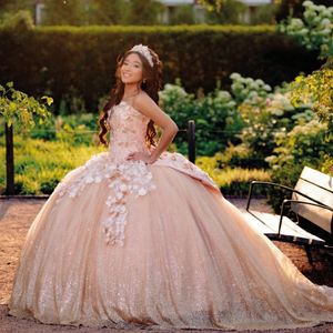 Glitter Champagne Quinceanera Elbise 2024 Meksika Aplike Çiçek Tatlı 16 Elbise Sequin Vestidos De 15 Doğum Günü Partisi Elbise