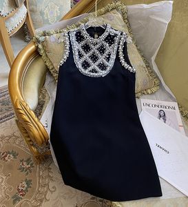 2023 Summer Black Solid Color Dress Sleeveless Round Neck Rhinestonekne-Length Casual Dresses S3S01M093