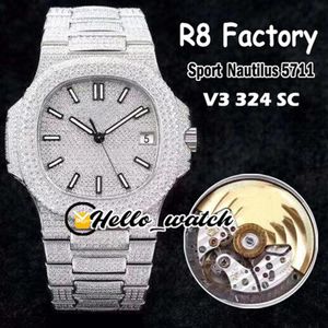 R8F V3 Versão de atualização 5711 Cal 324 S C Relógio automático masculino Gypsophila Diamond Dial Steel Full Diamond Bracelet Sport Relógios Hel288w