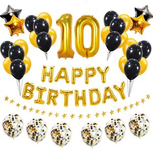 Andra evenemangsfestleveranser nummer 10 folieballonger år gamla Happy Birthday Decorations Tenth 10th Boy Girl Gold Black Ten Anniversary 230905