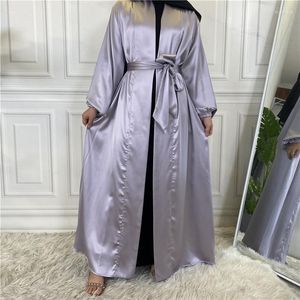 エスニック服ソリッドカラーイスラム教徒の女性アバヤドレス光沢のあるサテンローブ着物長袖オープンカーディガンコートドバイパーティーガウンラマダンイード