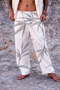 Calças masculinas estilo boêmio bambu 3d casual desgaste diário comprimento médio cintura bolso cordão folga streetwear inferior S-5XL