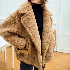 Womens Fur Faux Autumn Winter Coat Real Wool Alpaca Teddy Bear Women Thick Jacket Short Outerwear Lady Streetwear S3595 230904