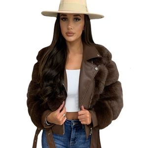 Женские пальто из искусственного меха EE1485 с искусственной кожей, эко-куртка из цельной кожи, верхняя одежда, роскошные женские зимние тонкие теплые 230904