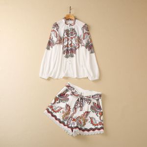 White Paisley Print Two Piece Tracksuits Set Long Sleeve Stand Collar Single-Breasted Blay Belt Paneled Spets Short Shorts Set Set S3F130216