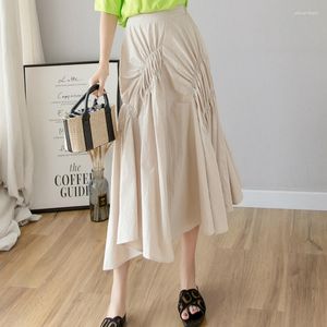 Skirts Spring Summer Irregular Pleated Long Cotton Patchwork High Low Elastic Crepe Ankle Beige Black