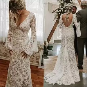 Dantel Denizkızı Muhteşem Gelinlik Gelin Gown Derin V Boyun Sırtsız Uzun Şair Kollu Süpürme Tren Ruffles Özel Yapımı Vestidos De Novia Plus Estidos