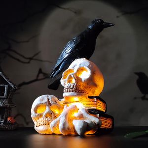 Outros suprimentos de festa de evento Halloween brilhante corvo crânio cabeça lâmpada LED luzes assustador corvo corvo na estátua do crânio Halloween Bar decoração de casa adereços de terror 230905
