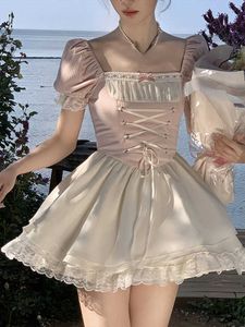 Estate rosa dolce kawaii Dres manica a sbuffo Francia vintage party mini abito in pizzo coreano elegante pezzo unico donna 230808