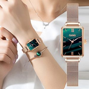 Zegarek na rękę marka kobiet zegarek dla kobiet mody kwadratowy kwarcowy zestaw bransoletki zielona tarcza prosta różowa siatka luksus 230905