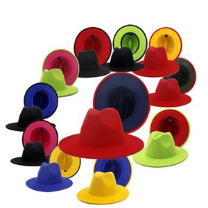 Chapéu fedora de lã falsa, 2 tons de cores diferentes, aba larga, feminino, masculino, marrom, vermelho, patchwork, jazz, festa, chapéu formal com preto fino bel238o