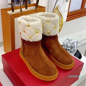 Warme Winter-Schneestiefel aus Wolle, Rindsleder, Knöchel-Casual-Slip-On, klobige Plateau-Halbstiefel, Damen-Outdoor-Schuhe, luxuriöse flache Schuhe, Fabrikschuhe