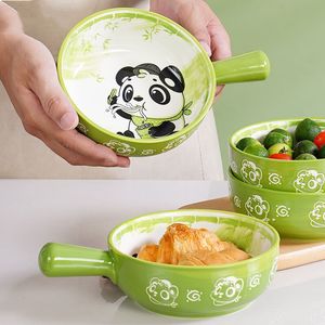 Dinnerware Sets Kawaii Panda Single Handle Ceramic Noodle Bowl Household Cute Design Large Creative Restaurant Flower Home Decoration 230906