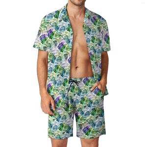 Homens Tracksuits Roxo Tropical Homens Conjuntos Palm Folhas Casuais Shorts Verão Engraçado Camisa de Praia Conjunto de Manga Curta Gráfico Plus Size Terno Presente