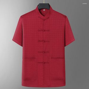 メンズカジュアルシャツノベルティシルクシャツ中国伝統的なタンスーツコートタイチーユニフォームレトロショートスリーブの夏のトップス