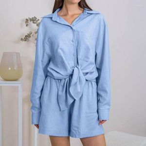 Kvinnors sömnkläder bomullspyjamas set dubbla fickor full ärm hög midja kvinnor sommar hemkläder kostym natt bär för uppsättningar