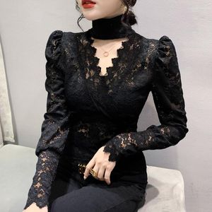 Women's T Shirts Black White Khaki Vintage Short Lace Shirt Women Sexy Hollow Out Wrap T-Shirt Female Long Sleeve Thin Turtleneck Tight Y2k