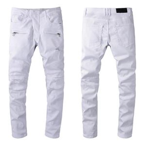 Projektant luksusowych dżinsów marka myjna design biały szczupły dżinsowe spodnie lekkie rozciąganie chuda motocykl motocyklowy Jean Trouser290Q