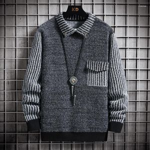 Мужские свитера осень/зима 2023, стильный полосатый свитер с длинными рукавами и лацканами, утепленный, теплый, модный, повседневный, свободный, удобный, мужской свитер