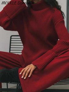 タートルネックセーターセット女性長袖不規則な裾トップ