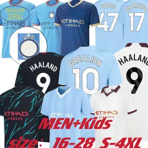 22 23 24 Haaland PlayerバージョンサッカージャージーGrealish J Alvarez Mans Cities Mahrez PhillipsファンDe Bruyne Foden 22 2023 2024ファンフットボールトップシャツキッズキット