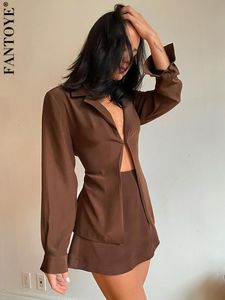 Two Piece Dress Fantoye Turn down Collar Button Women Set Brown Long Sleeve Top High Waist Skirt Autumn Sexy Slim Office Outfits 230906