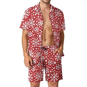 Erkek Trailsits Noel kar tanesi erkekler kırmızı beyaz moda gündelik gömlek seti kısa kollu baskılı şort yaz plaj kıyafeti takım elbise büyük