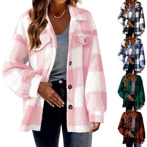 Jaqueta feminina de lã de cordeiro xadrez outono/inverno com bolsos botão casaco de pelúcia