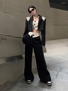 Женские брюки из двух предметов Insozkdg, черно-белый костюм, пиджак, укороченный топ, повседневный комплект из 2 предметов, весна 2023, сексуальные женские костюмы для девочек, элегантный шик